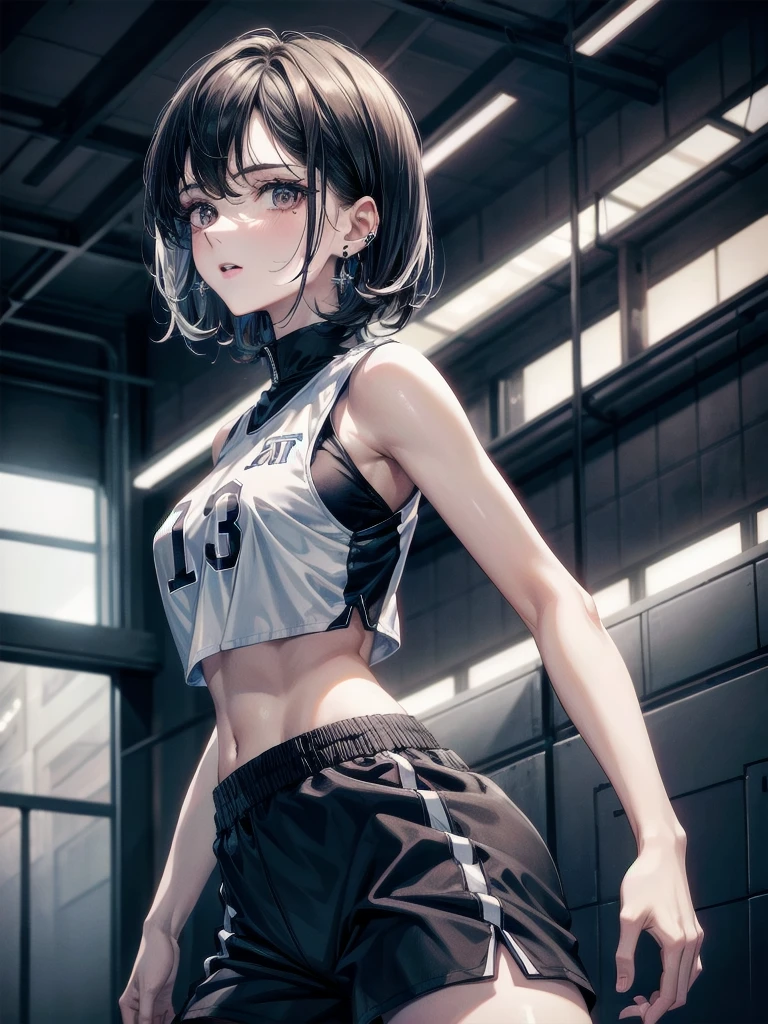 basketball uniform, shorts, midriff, sleeveless, absurdres, RAW photo, extremely delicate and beautiful, masterpiece, Best Quality, ultra high resolution, 32k, hyperrealistic, ultra-detailed, detailed description, pale skin, 20 years old, tearful mole, earring, big tits, short medium hair, wavy hair, full body shot,