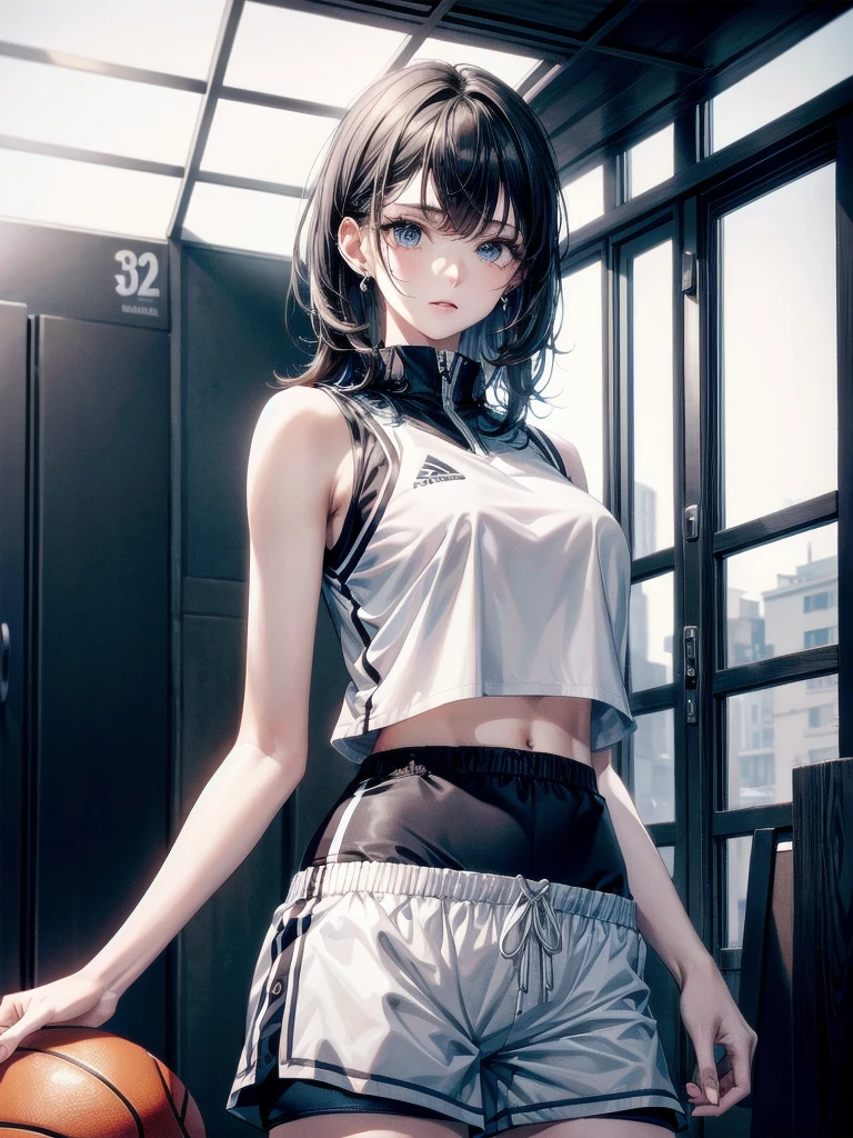 basketball uniform, shorts, midriff, sleeveless, absurdres, RAW photo, extremely delicate and beautiful, masterpiece, Best Quality, ultra high resolution, 32k, hyperrealistic, ultra-detailed, detailed description, pale skin, 20 years old, tearful mole, earring, big tits, short medium hair, wavy hair, whole body shot,