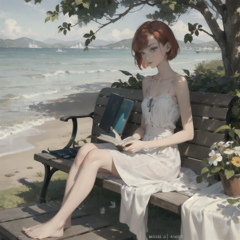 A gentle, slender, thin girl with an exquisite, perfect, very beautiful face of the southern type with large alien eyes with short red hair in a light summer green sundress, barefoot on the pier on benches, reading a book under a flowering tree, there is a small old travel suitcase on the ground nearby, soft amber evening light, warm sun, gentle waves, mint and peach shades
