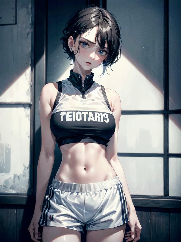 basketball uniform, shorts, midriff, sleeveless, absurdres, RAW photo, extremely delicate and beautiful, masterpiece, Best Quality, ultra high resolution, 32k, hyperrealistic, ultra-detailed, detailed description, pale skin, 20 years old, tearful mole, earring, big tits, short medium hair, wavy hair, whole body shot,
