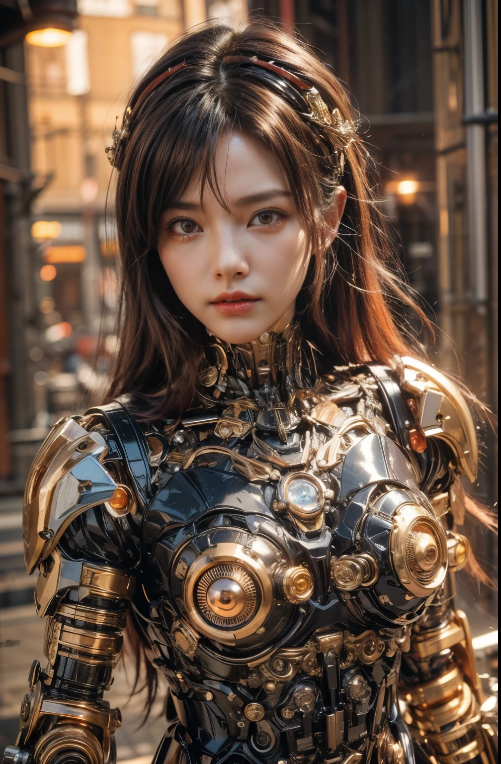 (top-quality:1.2, masterpiece)、ultra high resolution、extremely ultra surrealism, (Photorealsitic:1.4)、Raw photo、(Steampunk Battle Cyborg fallen angel)、(large mechanical bat wings)、black porcelain body、red hair、glowy skin、1 Cyborg girl、(mechanical frame:1.3)japanese, extremely cute face, ((super realistic details))、portrait、globalillumination、Shadow、octan render、8K、ultrasharp、character edge light、Details of complex ornaments、Acrylic Clear Cover、Sumerian details、Hydraulic cylinder、Small LED lamp、highly intricate detail、Realistic light、a purple eye、radiant eyes、Facing the camera、neon details、cowboy shot、Futuristic headgear、About Cyberpunk