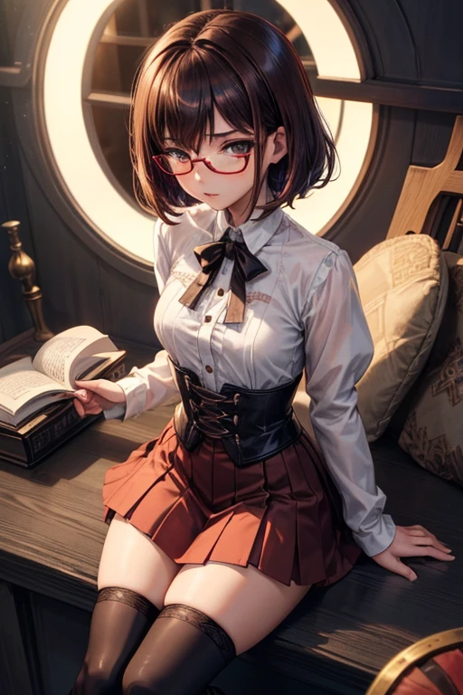 8K UHD, Digital SLR, Soft lighting, High quality, ((best quality)) ((best quality)), ((masterpiece)), (detailed), 4k image, anime style, beautiful teenage anime girl, black color A-line pleated skirt, shirt, fair caramel brown skin, symmetrical face, plump lips, blood red vermillion eyes, thin circular frame transparent nerdy glasses, African looks, small breasts, toned thin slender body, small narrow waist, short height, waist length pixie cut hair, sleek dark red hair, hips, phoenix eyes, small nose, European style , white sheer thigh-high stockings, low-top boots