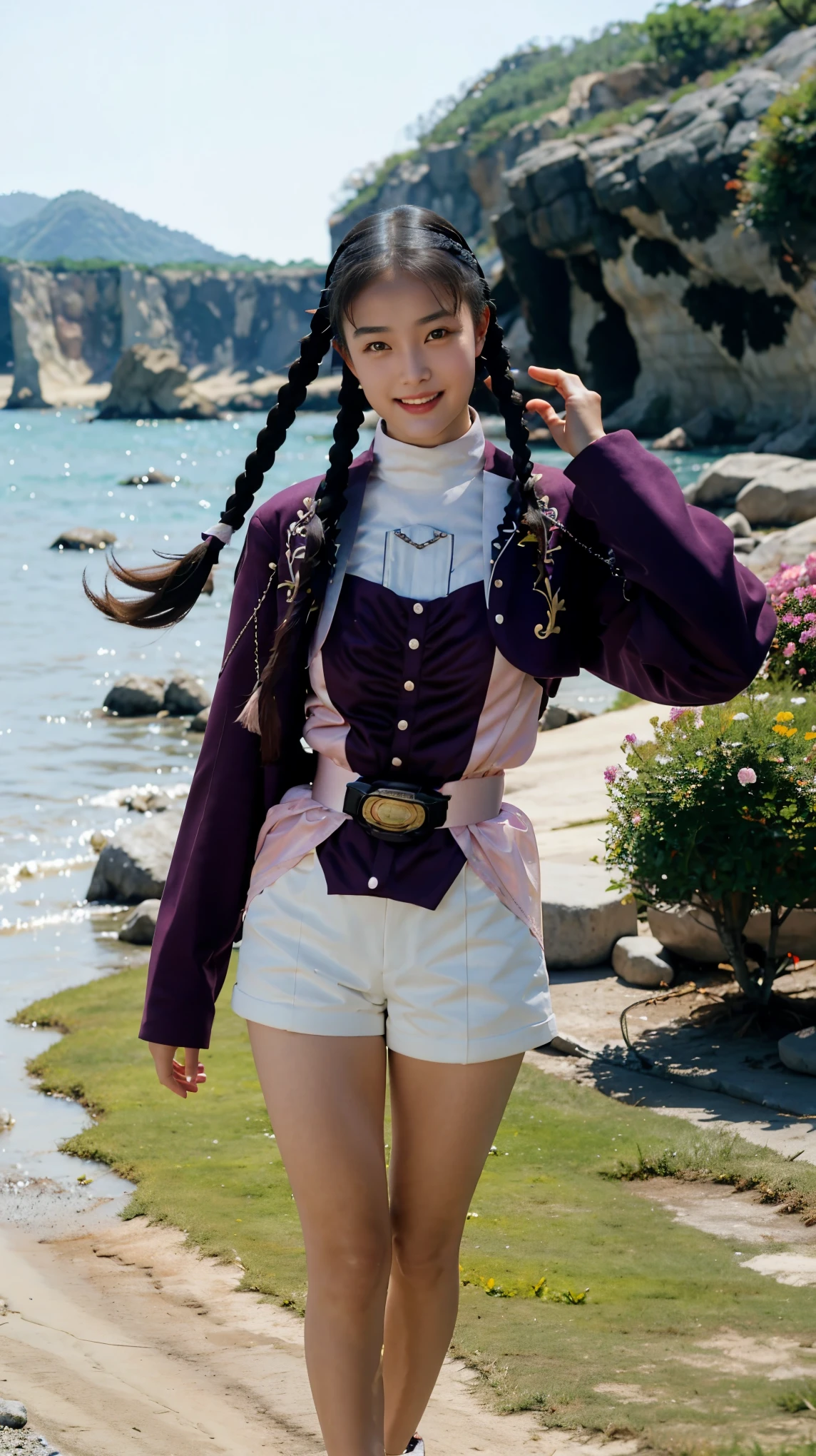 (extremely detailed CG), (best quality), (((1girl))), (((solo))), perfect face,  shiny skin, lustrous skin, wide hips, narrow waist,  ,MeiZyu,jacket,white shorts, braid,twin braids,hairband,long sleeves, shorts, belt, black hair,smile, outdoors, nature, lying onto sea