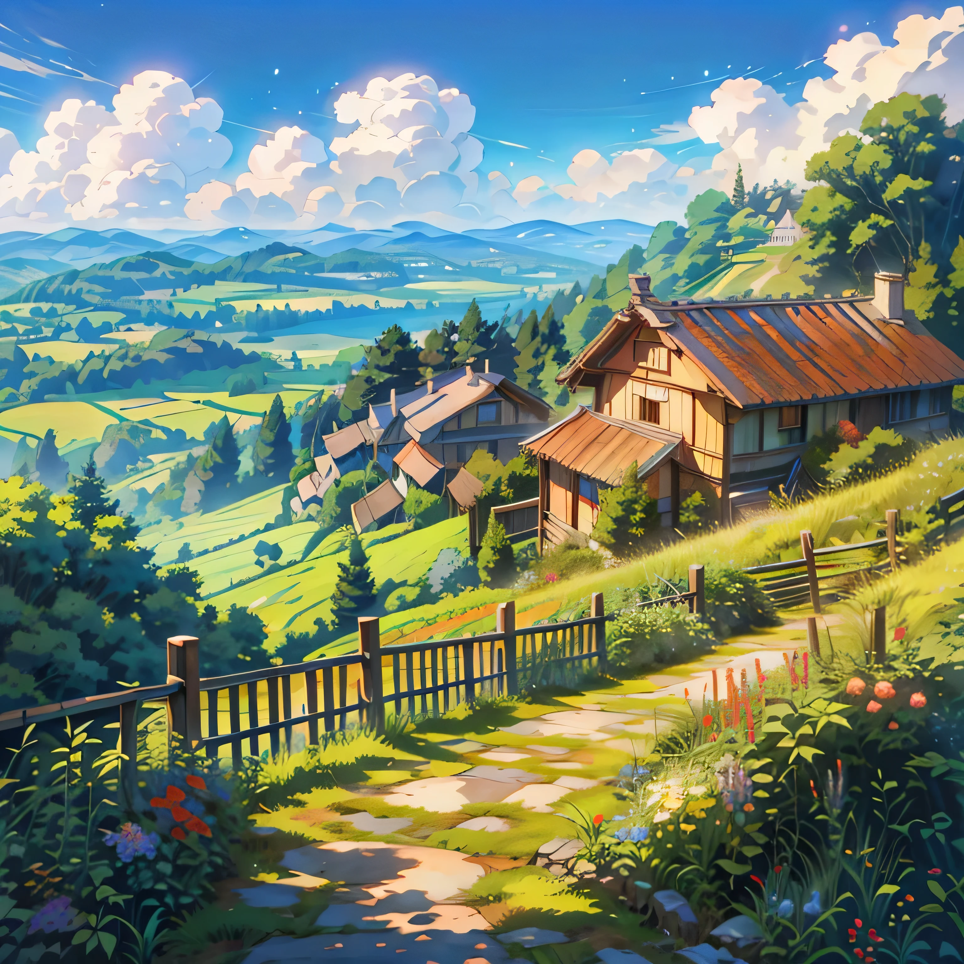 a painting of a small village on a hill, anime landscape, anime countryside landscape, flowers, stairs, fence, ghibli studio art, anime scenery, anime scenery concept art, studio ghibli environment, anime landscape wallpaper, ghibli studio anime style, studio ghibli film, alena aenami and artgerm, magical castle school on a hill, anime. by makoto shinkai, ghibli artstyle, 4k professional painting, game, detailed key anime art, illustation, a beautiful artwork illustration, beautiful digital painting, highly detailed digital painting, beautiful digital artwork, detailed painting 4 k, very detailed digital painting, rich picturesque colors, gorgeous digital painting