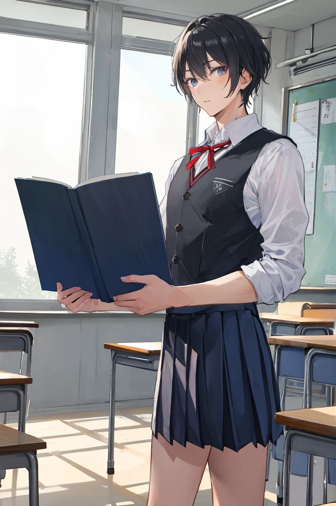 masterpiece,8k,((A man)),Black short hair,Handsome,school uniform,study,classroom,Do homework,