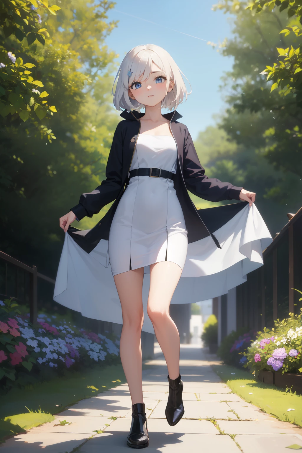 ((mejor calidad)), ((obra maestra)), (detallado), cara perfecta, frieren, personaje del anime souso no frieren,cabello blanco y trensado, con un vestido blanco, caminando por un campo lleno de flores azules,