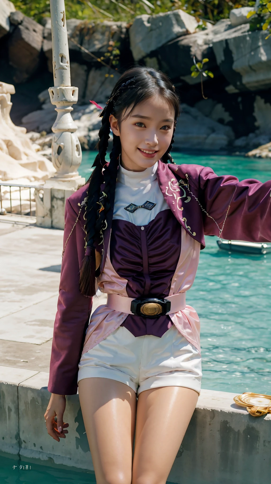 (extremely detailed CG), (best quality), (((1girl))), (((solo))), perfect face, shiny skin, lustrous skin, wide hips, narrow waist, ,MeiZyu,jacket,white shorts, braid,twin braids,hairband,long sleeves, shorts, belt, black hair,smile, outdoors, nature, lying onto sea