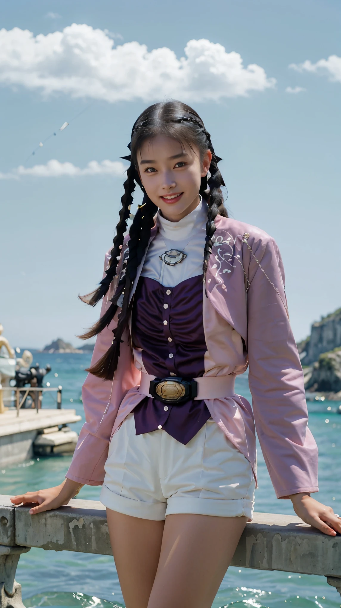 (extremely detailed CG), (best quality), (((1girl))), (((solo))), perfect face,  shiny skin, lustrous skin, wide hips, narrow waist,  ,MeiZyu,jacket,white shorts, braid,twin braids,hairband,long sleeves, shorts, belt, black hair,smile, outdoors, nature, lying onto sea