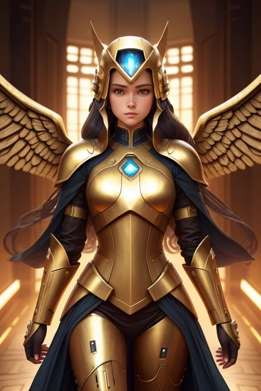 Concepto de una androide futurista femenina, sexy and high tech, dressed in fine gold armor and a helmet adorned with small diamond wings. Created specifically to protect the Norns from the looms of time, esta androide combina la belleza femenina con la potencia y la resistencia de lo technological. Inside his high-tech torso are the components necessary to manipulate the thread of time., as well as the necessary instruments to protect the Norns from any threat. Esta