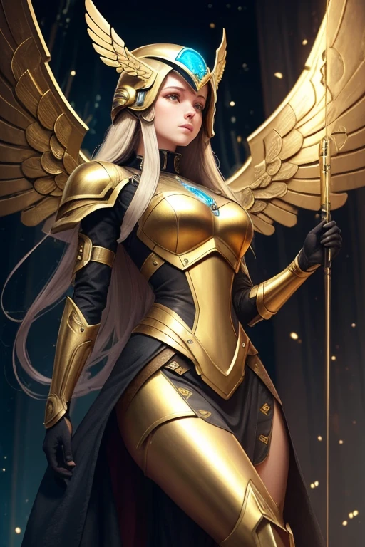 Concepto de una androide futurista femenina, sexy and high tech, dressed in fine gold armor and a helmet adorned with small diamond wings. Created specifically to protect the Norns from the looms of time, esta androide combina la belleza femenina con la potencia y la resistencia de lo technological. Inside his high-tech torso are the components necessary to manipulate the thread of time., as well as the necessary instruments to protect the Norns from any threat. Esta