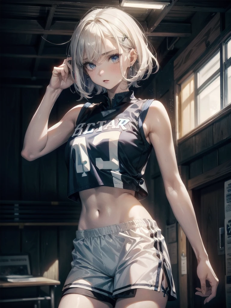 basketball uniform, shorts, midriff, sleeveless, absurdres, RAW photo, extremely delicate and beautiful, masterpiece, Best Quality, ultra high resolution, 32k, hyperrealistic, ultra-detailed, detailed description, pale skin, 20 years old, tearful mole, earring, big tits, short medium hair, wavy hair, whole body shot,