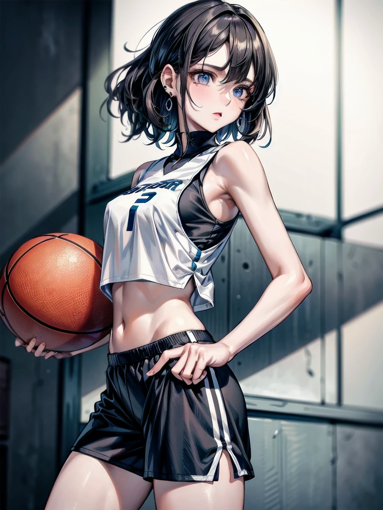 whole body, absurdres, RAW photo, extremely delicate and beautiful, masterpiece, Best Quality, ultra high resolution, 32k, hyperrealistic, ultra-detailed, detailed description, pale skin, 20 years old, detailed beautiful face and eyes, big tits, medium hair, black hair, tearful mole, earring, Basketball shirt, tank top, Hot Pants,