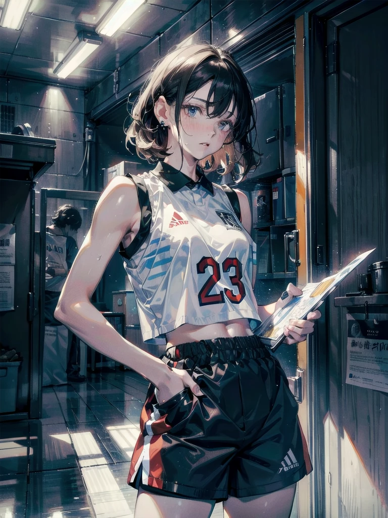 basketball uniform, shorts, midriff, sleeveless, absurdres, RAW photo, extremely delicate and beautiful, masterpiece, Best Quality, ultra high resolution, 32k, hyperrealistic, ultra-detailed, detailed description, pale skin, 20 years old, tearful mole, earring, big tits, short medium hair, wavy hair, whole body shot,