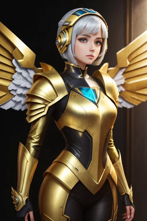 Concepto de una androide futurista sexualmente atractiva y femenina, dressed in gold armor and a helmet with small diamond wings, creada para proteger a las Nornas de los telares del tiempo. Adornada con detalles hiperrealistas, The armor features lush finishes and a texture that looks as if it were precision forged in a 22nd century crafts workshop.. Los ojos del androide, de color cian, brillan con una luz inusual que denota intelig