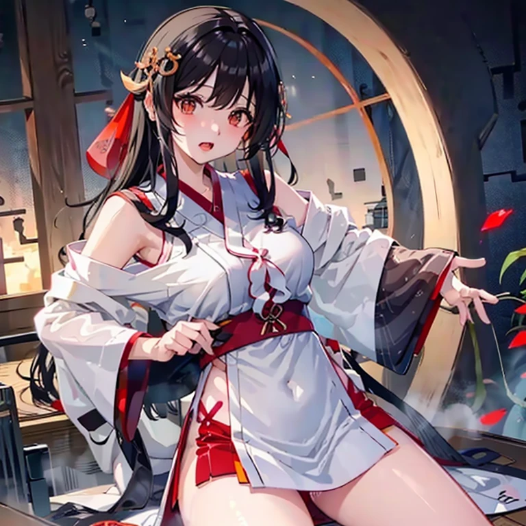 Generate an image of a black haired kitsune girl 