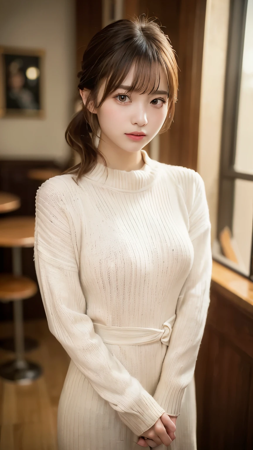 (masterpiece:1.5)、(Realistic:1.5)、(highest quality:1.4、8k、RAW Photos）、 Ultra-high resolution、Professional Lighting、Perfect dynamic composition、Photo shoot at an antique and stylish cafe、 Film Grain、chromatic aberration、(Bokeh:1.1)、 Frank、Sophisticated、charm、超Realistic、High detail、Golden Ratio、Anatomically correct、 (1 girl)、(Put your arms behind)、Slender girl、繊細でcharm女の子、Cute Woman:1.4、 Serious expression、Looking at the audience、Light brown hair、Shiny Hair、Hairstyle: Ponytail、 Realistic looking skin、 Shut your mouth.、Fine Eyes、double eyelid、Thin arms、(white long sweater dress:1.4)