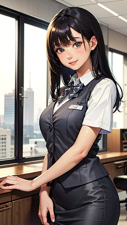 1 Woman Standing, office worker, reception, (White and grey checked vest:1.2) (Navy pencil skirt) bow tie, Mature Woman, /(Black Hair/) bangs, A gentle blushing smile, (Masterpiece of the highest quality:1.2) Delicate illustrations, super detailed, Big Break (Modern office indoors), Cityscape of windows, Detailed Background