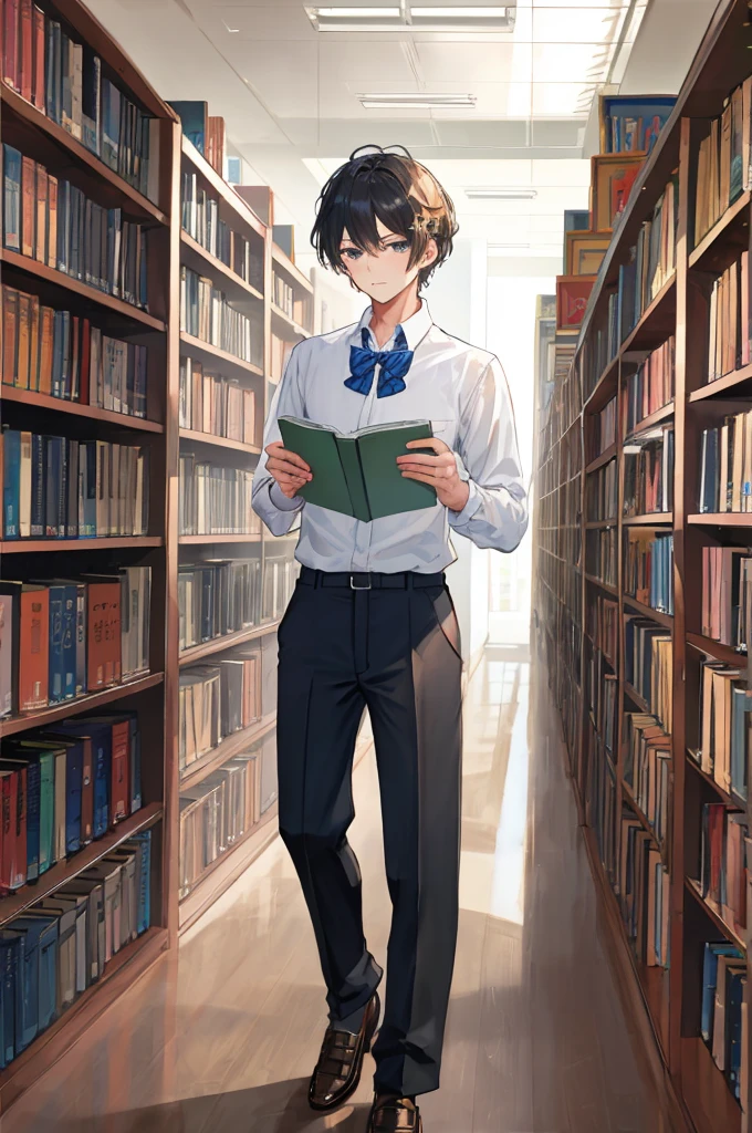 masterpiece,8k,((A man)),Black short hair,Handsome,school uniform,study,library,read,