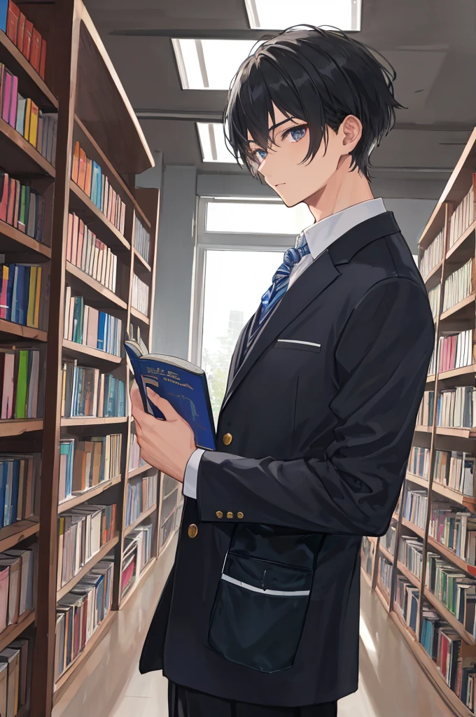 masterpiece,8k,((A man)),Black short hair,Handsome,school uniform,study,library,read,