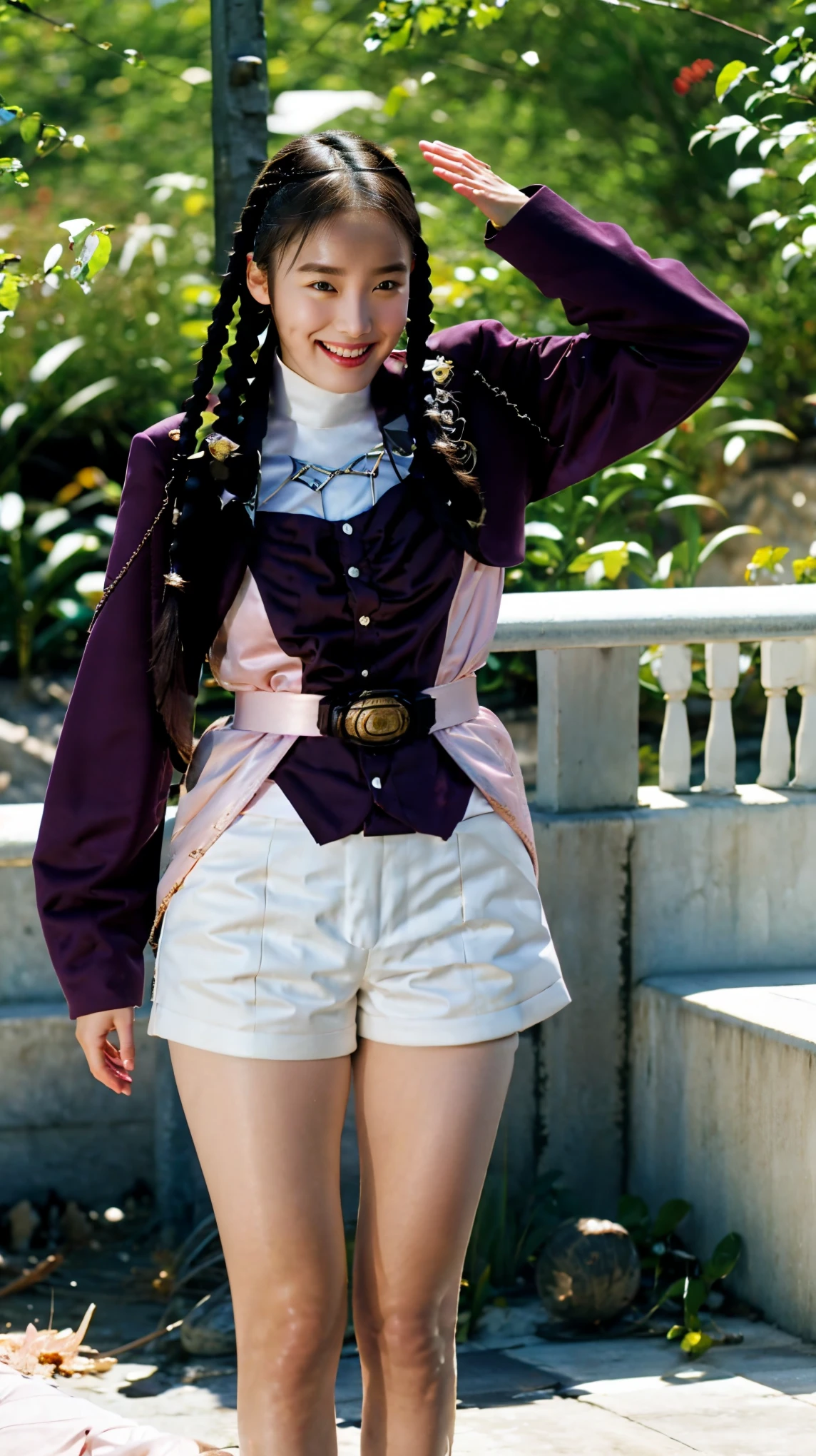(extremely detailed CG), (best quality), (((1girl))), (((solo))), perfect face, shiny skin, lustrous skin, wide hips, narrow waist, ,MeiZyu,jacket,white shorts, braid,twin braids,hairband,long sleeves, shorts, belt, black hair,smile, outdoors, nature, lying on sea