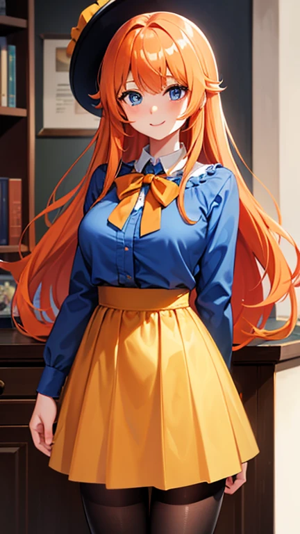 Girl long hair Orange hair Blue eyes Matching blue Smiles confidently Correcting limbs Big breasts Reading book Mustard blouse Short skirt Brown skirt Pantyhose