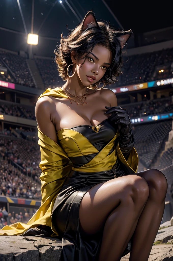 (masterpiece,stunning girlfriend, (standing:1.1), dynamic pose, heart shaped face, elegant face, beautiful face, highly detailed face, highly detailed skin, skin pores, subsurface scattering, realistic pupils, looking at viewer, full lips, detailed background, depth of field, atmospheric perspective, volumetric lighting, sharp focus, realistic proportions, good anatomy, (realistic, hyperrealistic:1.4), 16k hdr, highres,absurdres ,best quality,original,extremely detailed CG,extremely detailed wallpaper,perfect lighting,looking at viewer,bare hands,1girl, SiennaKhan,short hair,black hair,animal ears,yellow eyes,cat ears,dark skin,dark-skinned female,gloves,jewelry,earrings,cape,facial mark,cleavage cutout,hoop earrings, sitting, night, stars, arena, audience, crowd, looking at viewer,