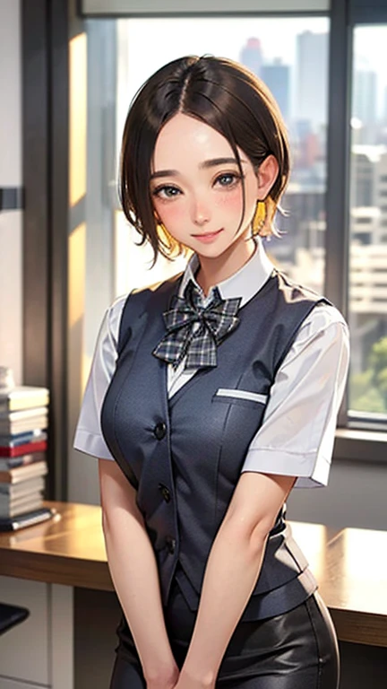1 Woman Standing, office worker, reception, (White and grey checked vest:1.2) (Navy pencil skirt) bow tie, Mature Woman, /(short hair、Light brown hair、Blonde hair/) Beautiful forehead, A gentle blushing smile, (Masterpiece of the highest quality:1.2) Delicate illustrations, super detailed, Big Break (Modern office indoors), Cityscape of windows, Detailed Background