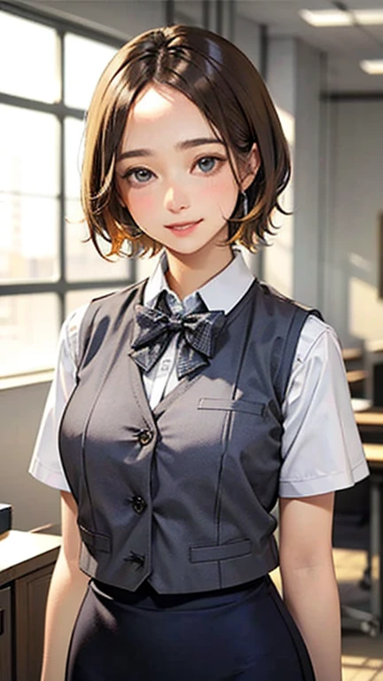1 Woman Standing, office worker, reception, (White and grey checked vest:1.2) (Navy pencil skirt) bow tie, Mature Woman, /(short hair、Light brown hair、Blonde hair/) Beautiful forehead, A gentle blushing smile, (Masterpiece of the highest quality:1.2) Delicate illustrations, super detailed, Big Break (Modern office indoors), Cityscape of windows, Detailed Background