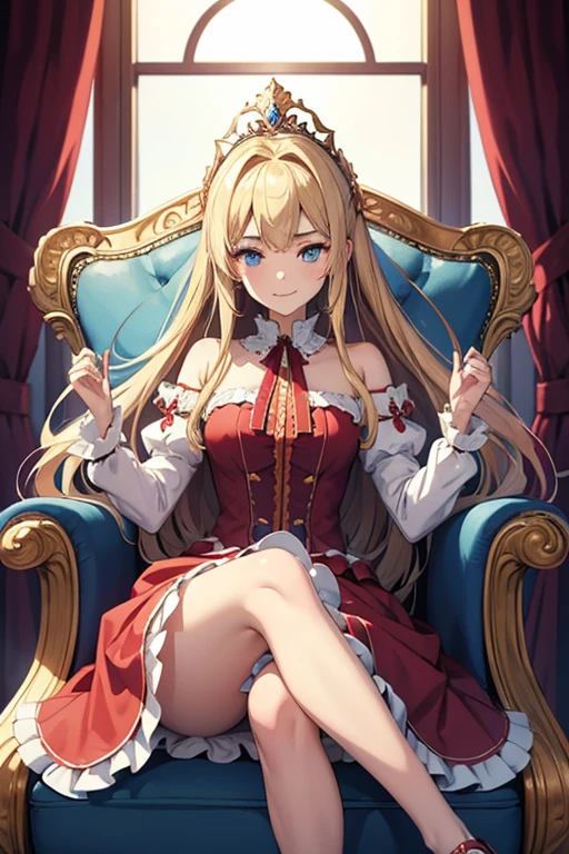 masterpiece, highest quality, High resolution, 15-year-old girl、blue eyes、
blonde,  Vulgar smile、Long Hair、Crimson frill dress, Clothes with puffy shoulders、flare skirt、Long skirt covering the legs、Tiara on head、royal palace、Sitting on the throne