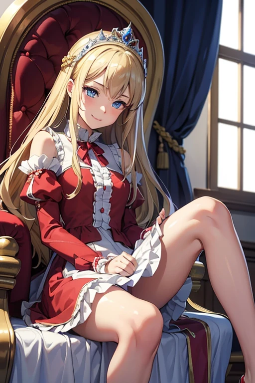 masterpiece, highest quality, High resolution, 15-year-old girl、blue eyes、
blonde,  Vulgar smile、Long Hair、Crimson frill dress, Clothes with puffy shoulders、flare skirt、Long skirt covering the legs、Tiara on head、royal palace、Sitting on the throne