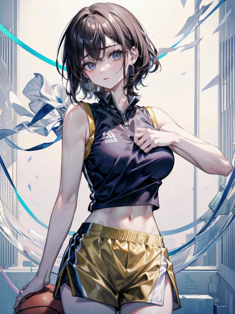 basketball uniform, shorts, midriff, sleeveless, absurdres, RAW photo, extremely delicate and beautiful, masterpiece, Best Quality, ultra high resolution, 32k, hyperrealistic, ultra-detailed, detailed description, pale skin, 20 years old, tearful mole, earring, big tits, short medium hair, wavy hair, whole body shot,