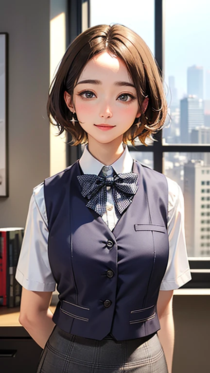1 Woman Standing, office worker, reception, (White and grey checked vest:1.2) (Navy pencil skirt) bow tie, Mature Woman, /(short hair、Light brown hair、Blonde hair/) Beautiful forehead, A gentle blushing smile, (Masterpiece of the highest quality:1.2) Delicate illustrations, super detailed, Big Break (Modern office indoors), Cityscape of windows, Detailed Background