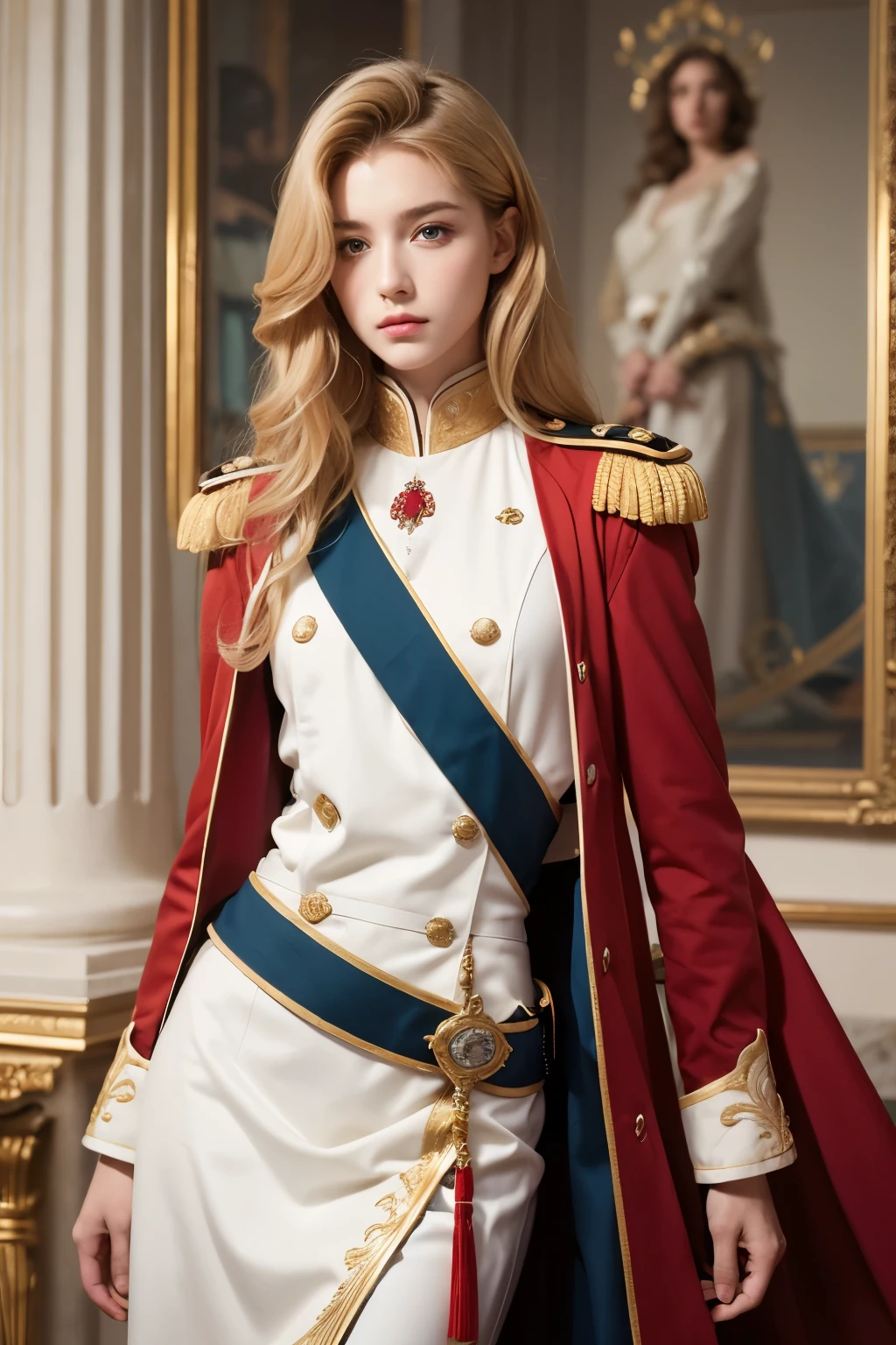 Model and background intact, woman in uniform, beautiful androgynous prince, a delicate androgynous prince, Portrait of a magical blonde prince, Tough long curly hair, red and white uniform, Versaille palace, medieval sword, sabre, sword,