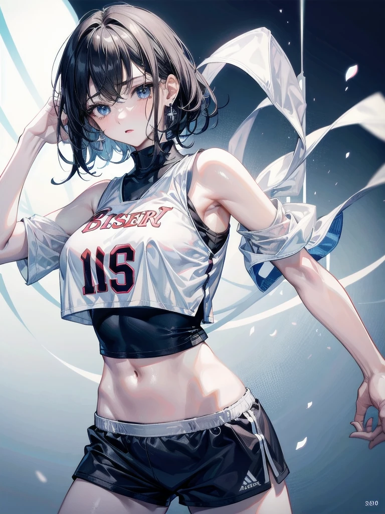 basketball uniform, shorts, midriff, sleeveless, absurdres, RAW photo, extremely delicate and beautiful, masterpiece, Best Quality, ultra high resolution, 32k, hyperrealistic, ultra-detailed, detailed description, pale skin, 20 years old, tearful mole, earring, big tits, short medium hair, wavy hair, whole body shot,