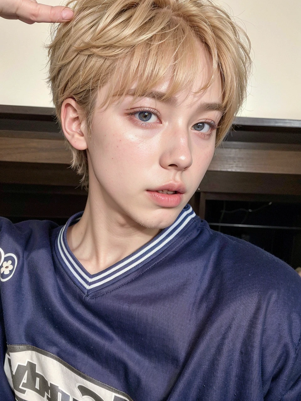 Arafed boy with blonde hair and white shirt posing for a photo., pale korean adorable face, cai xukun, 1 7 -  - old co cara delgada, kim doyoung, cara perfecta y chico, pale round face, cara linda y clara, cara de jimin precisa, pintar ulzzang, chico cara delgada, con cara redonda, yanjun chengt, jin bts, tae bts, rostro adorable, hair blonde, ojos celestes, angelical, realista 