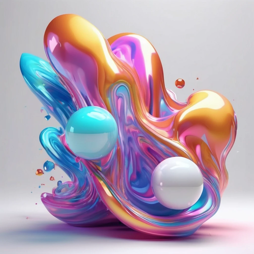 A series of holographic 3D fluid shapes, illustration design, elementos separated in the scene, in holographic paper style, on a white background, the shapes will work perfecly as graphic design elements