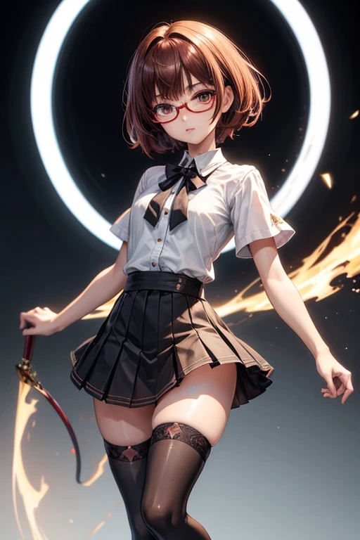 8K UHD, Digital SLR, Soft lighting, High quality, ((best quality)) ((best quality)), ((masterpiece)), (detailed), 4k image, anime style, beautiful teenage anime girl, black color A-line pleated skirt, white shirt, fair caramel brown skin, symmetrical face, plump lips, blood red vermillion eyes, thin circular frame transparent nerdy glasses, African looks, small breasts, toned thin slender body, small narrow waist, short height, waist length pixie cut hair, sleek dark red hair, hips, phoenix eyes, small nose, European style , white color sheer thigh-high stockings, low-top boots