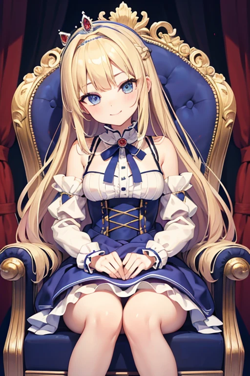 masterpiece, highest quality, High resolution, 17-year-old girl、blue eyes、
blonde, Vulgar smile、Long Hair、Crimson frill dress, Clothes with puffy shoulders、Long skirt covering the legs、Tiara on head、royal palace、Sitting on the throne
