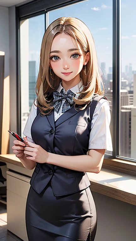 1 Woman Standing, office worker, reception, (White and grey checked vest:1.2) (Navy pencil skirt) bow tie, Mature Woman, /(Mid-length hair、Light brown hair、Blonde hair/) Beautiful forehead, A gentle blushing smile, (Masterpiece of the highest quality:1.2) Delicate illustrations, super detailed, Big Break (Modern office indoors), Cityscape of windows, Detailed Background