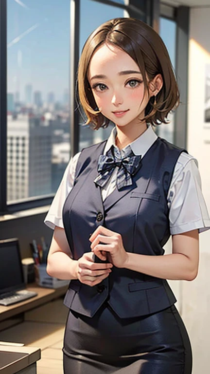 1 Woman Standing, office worker, reception, (White and grey checked vest:1.2) (Navy pencil skirt) bow tie, Mature Woman, /(short hair、Light brown hair、Blonde hair/) Beautiful forehead, A gentle blushing smile, (Masterpiece of the highest quality:1.2) Delicate illustrations, super detailed, Big Break (Modern office indoors), Cityscape of windows, Detailed Background