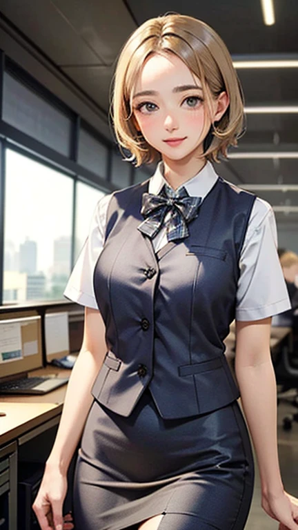 1 Woman Standing, office worker, reception, (White and grey checked vest:1.2) (Navy pencil skirt) bow tie, Mature Woman, /(short hair、Light brown hair、Blonde hair/) Beautiful forehead, A gentle blushing smile, (Masterpiece of the highest quality:1.2) Delicate illustrations, super detailed, Big Break (Modern office indoors), Cityscape of windows, Detailed Background