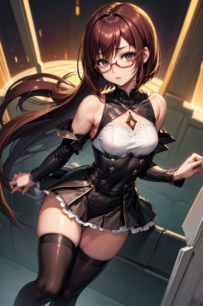 8K UHD, Digital SLR, Soft lighting, High quality, ((best quality)) ((best quality)), ((masterpiece)), (detailed), 4k image, anime style, beautiful teenage anime girl, black color A-line pleated skirt, white shirt, fair caramel brown skin, symmetrical face, plump lips, blood red vermillion eyes, thin circular frame transparent nerdy glasses, African looks, small breasts, toned thin slender body, small narrow waist, short height, waist length pixie cut hair, sleek dark red hair, hips, phoenix eyes, small nose, European style , white color sheer thigh-high stockings, low-top boots