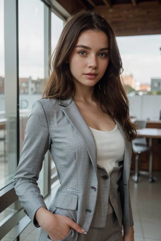 30 years old beautiful woman named Sara, RAW photo, long blonde hair, white office shirt, Black Office jacket, black pants, makeup, high detail face, smile, looking up, high detail hands, high detail eyes, white skin, ultrarealistic, Standing in the TV studio, full posture photo