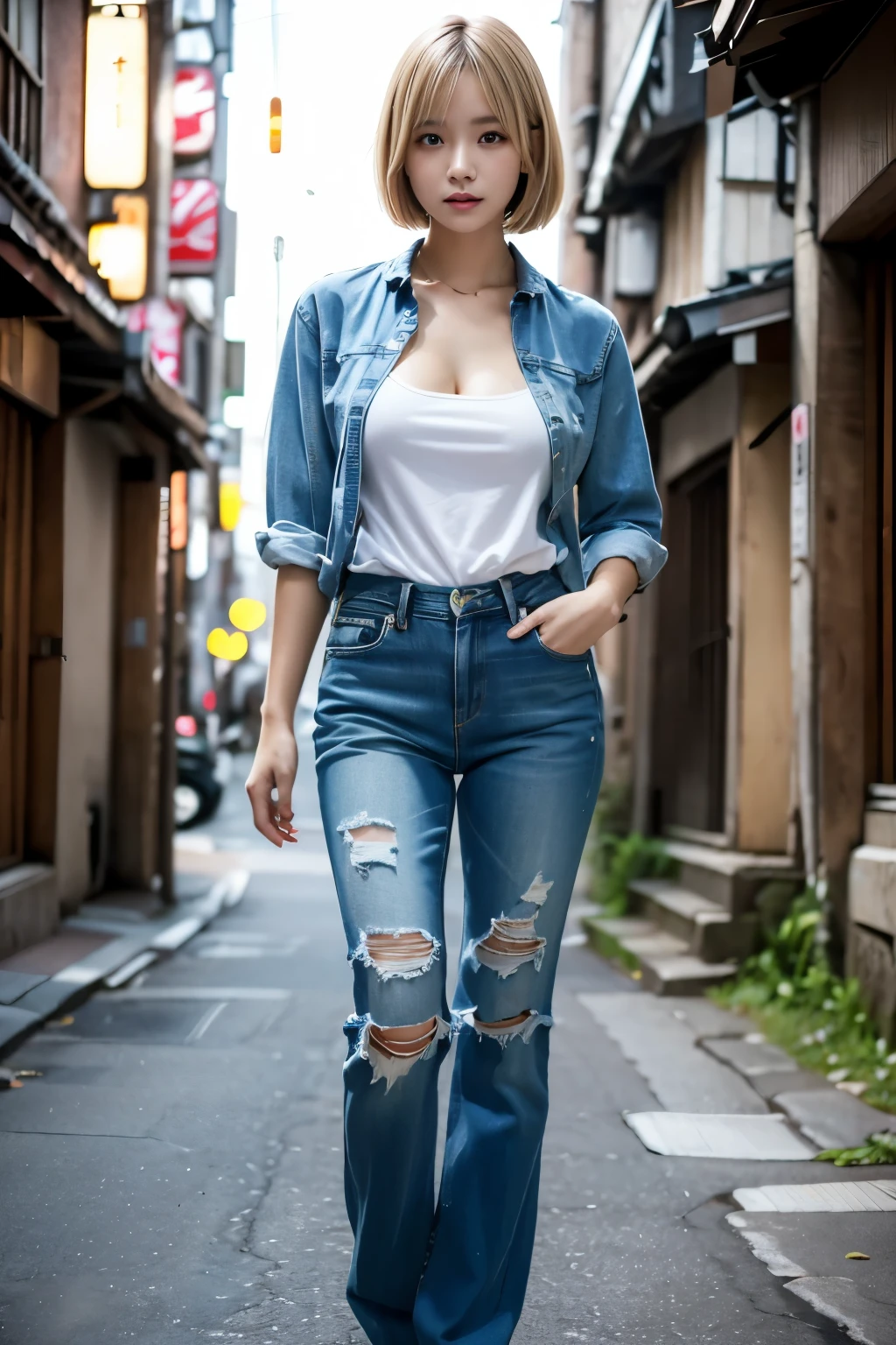 (((ruins:1.3, Full body photography))), ((Blonde Hair:1.4, Medium Bob:1.3, Tattered Shirt:1.2, Damaged denim pants, Slightly larger breasts, Perfect Style, Japanese women, cute)), (clean, Natural Makeup), (highest quality, masterpiece:1.3, 超High resolution), (Very detailed, Caustics), (Realistic:1.4, RAW shooting), Very detailed, High resolution, 16K resolution