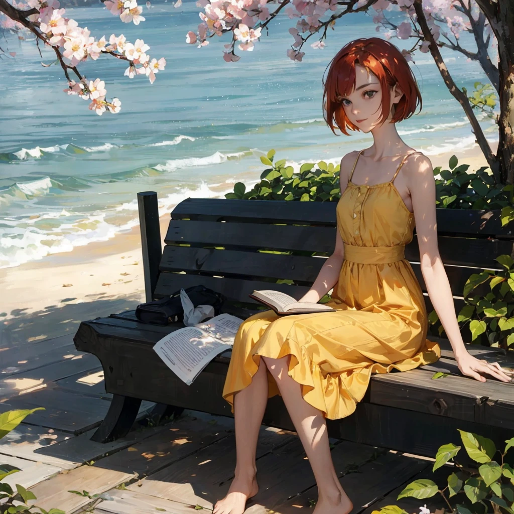 A gentle, slender, thin girl with an exquisite, perfect, very beautiful face of the southern type with large alien eyes with short red hair in a light summer green sundress, barefoot on the pier on benches, reading a book under a flowering tree, there is a small old travel suitcase on the ground nearby, soft amber evening light, warm sun, gentle waves, mint and peach shades