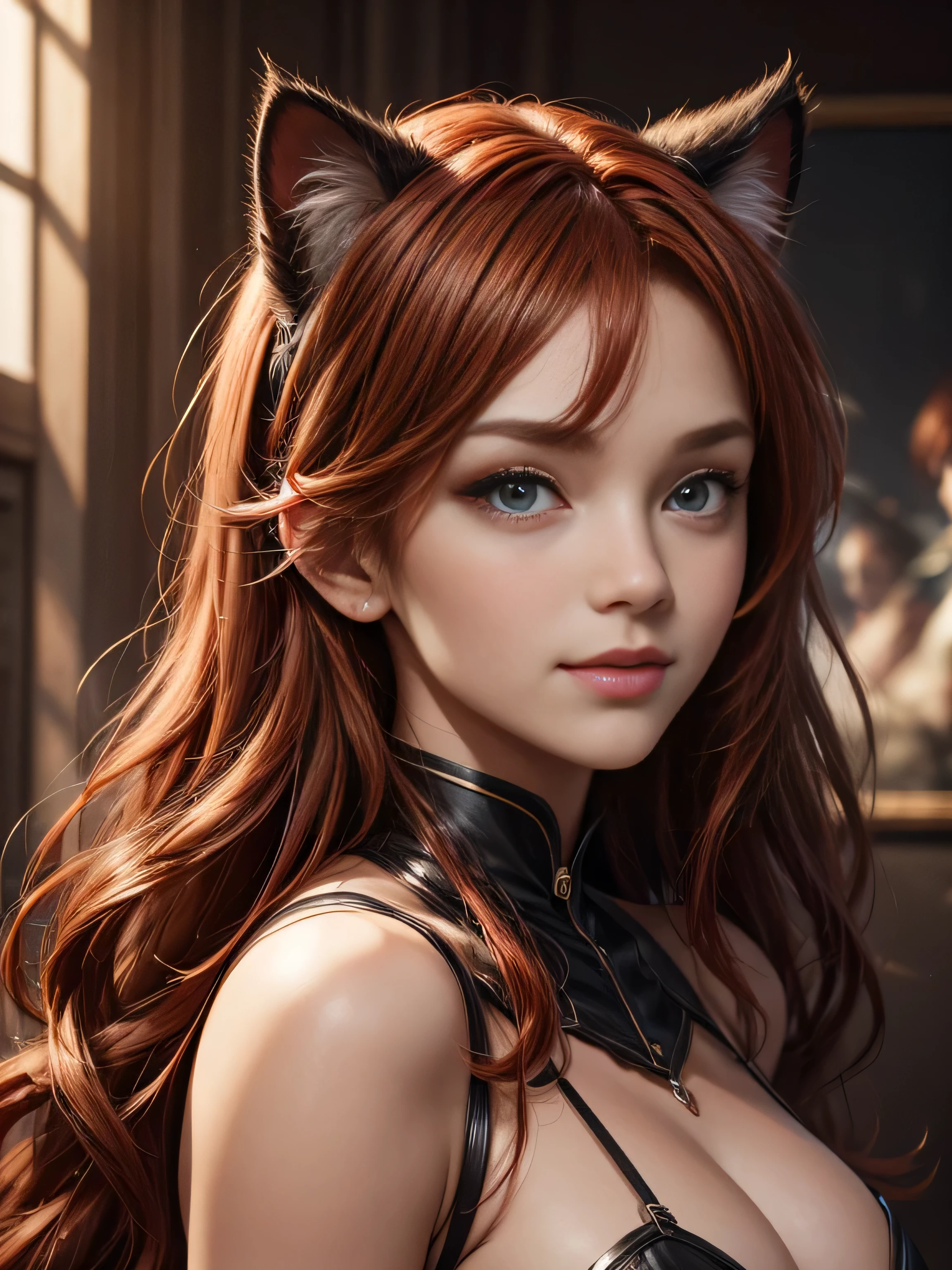 (Best Quality, 8K, Masterpiece, HDR, Soft Lighting, Picture Perfect, Realistic, Vivid), (woman, red hair, brown eyes, cat ears, close to man)( man, male, black hair, blue eyes, Man with cat ears, get ear) woman and man, cat ears, couple, (((full size figure))) Eyes looking at camera (with long red hair, long bangs, Forehead, smile, seductive, anime character portrait inspired) color difference, depth of field, dramatic shadow, ray tracing, best quality, highly detailed CG, 8K wallpaper, [Carefully rendered hair [Read more about beautiful and shiny hair]] ,(Perfect hand detail [ Beautiful fingers without breakage [Beautiful nails]],(Perfect anatomy (Perfect proportions)) [[Resembles the whole body]],[Perfect color coordination (Accurate imitation of the interaction of light and material)], [Fine art, conveying the meaning of the story]