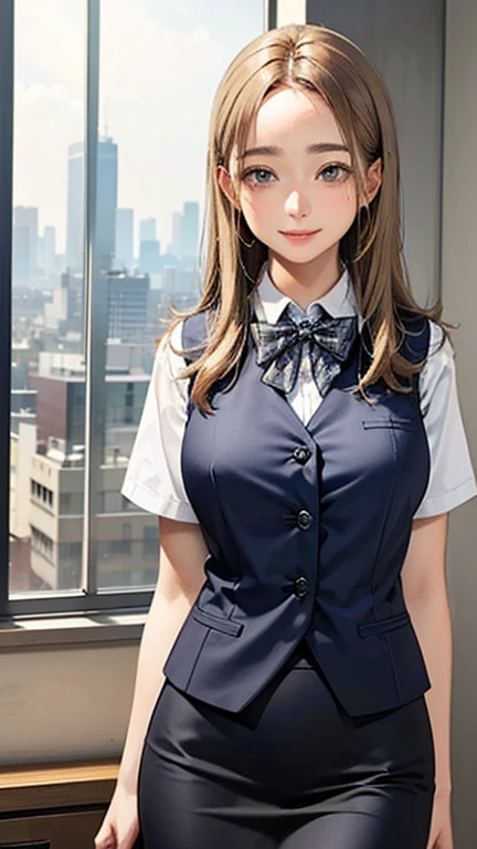 1 Woman Standing, office worker, reception, (White and grey checked vest:1.2) (Navy pencil skirt) bow tie, Mature Woman, /(Mid-length hair、Light brown hair、Blonde hair/) Beautiful forehead, A gentle blushing smile, (Masterpiece of the highest quality:1.2) Delicate illustrations, super detailed, Big Break (Modern office indoors), Cityscape of windows, Detailed Background