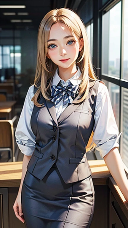 1 Woman Standing, office worker, reception, (White and grey checked vest:1.2) (Navy pencil skirt) bow tie, Mature Woman, /(Mid-length hair、Light brown hair、Blonde hair/) Beautiful forehead, A gentle blushing smile, (Masterpiece of the highest quality:1.2) Delicate illustrations, super detailed, Big Break (Modern office indoors), Cityscape of windows, Detailed Background