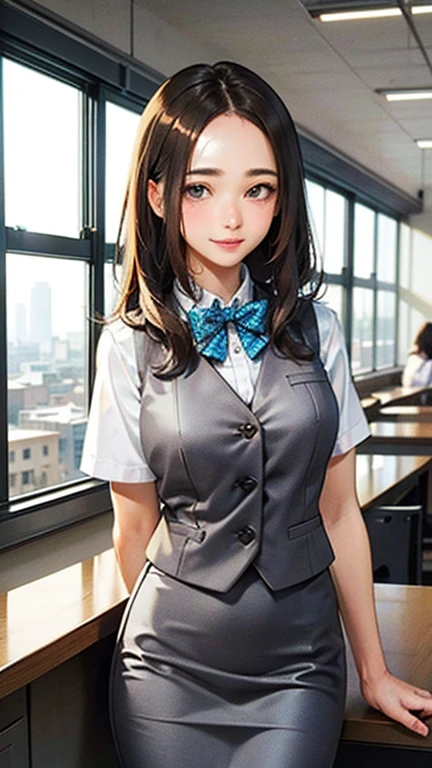 1 Woman Standing, office worker, reception, (White and grey checked vest:1.2) (Navy pencil skirt) bow tie, Mature Woman, /(Mid-length hair、Light brown hair、Blonde hair/) Beautiful forehead, A gentle blushing smile, (Masterpiece of the highest quality:1.2) Delicate illustrations, super detailed, Big Break (Modern office indoors), Cityscape of windows, Detailed Background