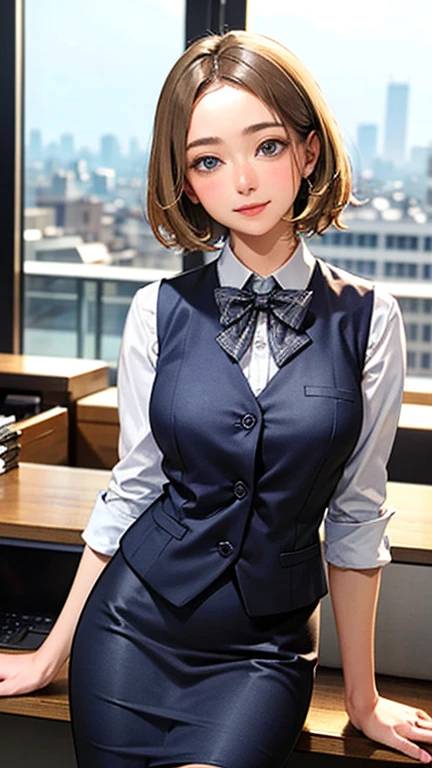 1 Woman Standing, office worker, reception, (White and grey checked vest:1.2) (Navy pencil skirt) bow tie, Mature Woman, /(short hair、Light brown hair、Blonde hair/) Beautiful forehead, A gentle blushing smile, (Masterpiece of the highest quality:1.2) Delicate illustrations, super detailed, Big Break (Modern office indoors), Cityscape of windows, Detailed Background